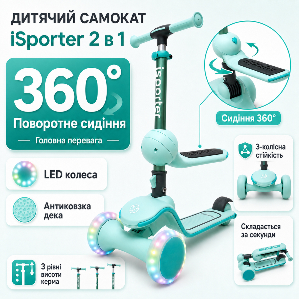 Самокат iSporter EVO 2в1 з сидінням зелений (M2_Green) Самокат iSporter EVO 2в1 з сидінням зелений (M2_Green)
