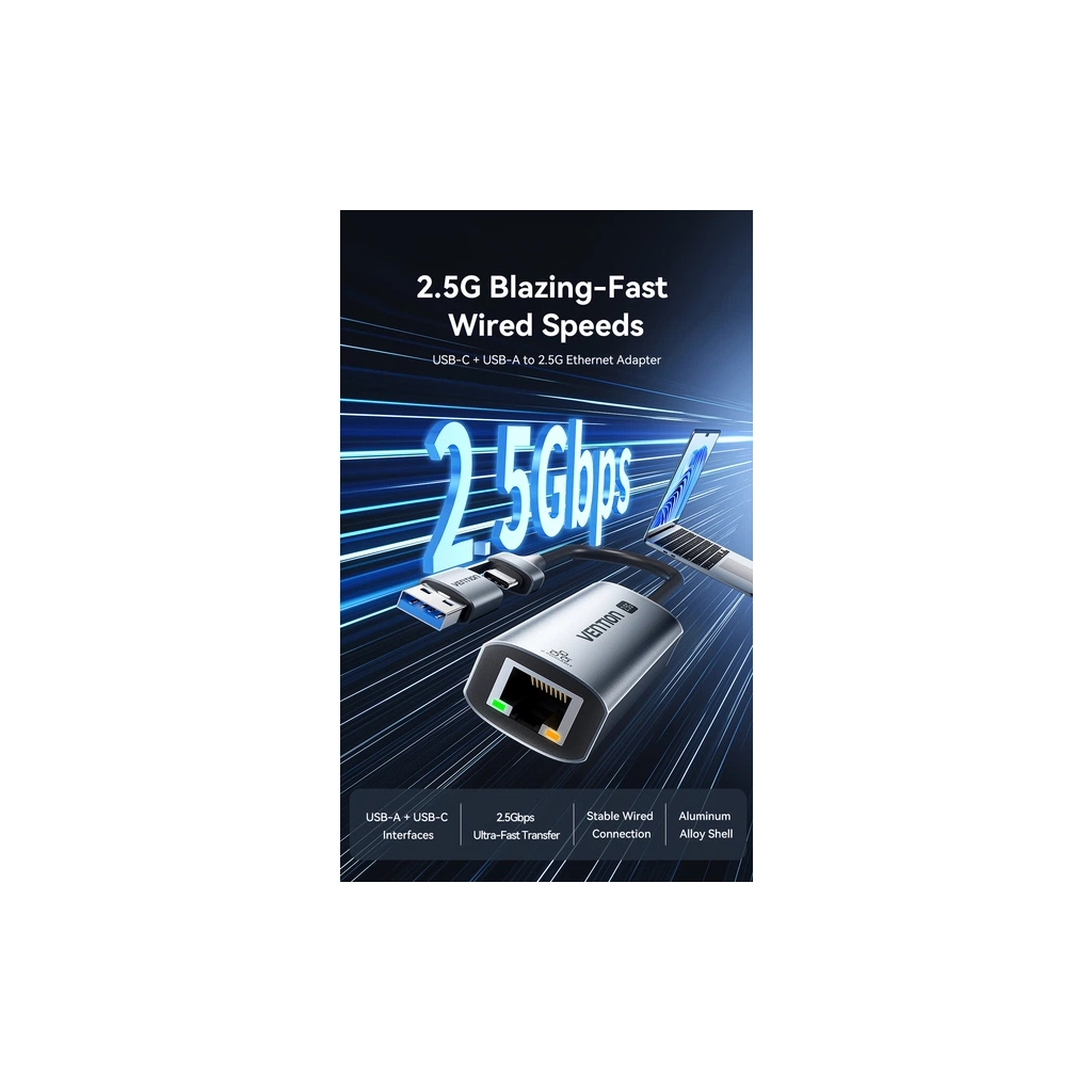 Перехідник USB-C + USB-A to RJ45 Ethernet 2500Mbps gray Vention (CFUHB) Перехідник USB-C + USB-A to RJ45 Ethernet 2500Mbps gray Vention (CFUHB)