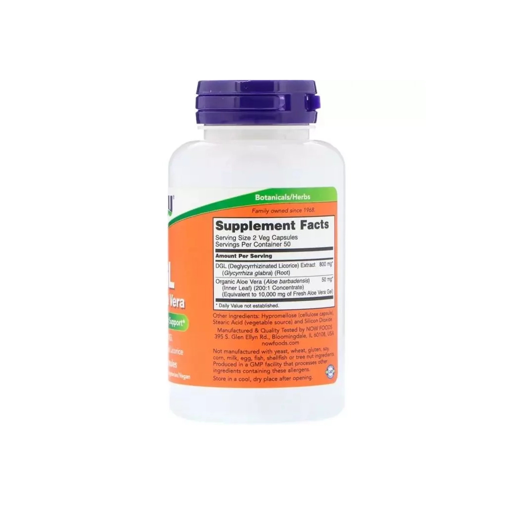 Трави Now Foods Лакриця та Алоє Віра, DGL with Aloe Vera, 400 мг, 100 капсул (NOW-04654)