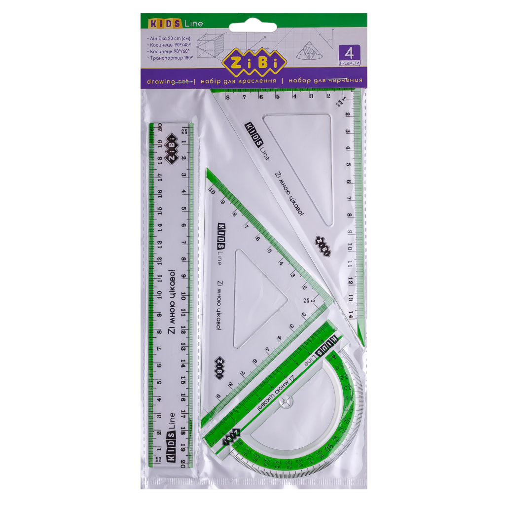 Лінійка ZiBi Комплект: лінійка 20см, 2 косинця, транспортир, з салатовою смужкою (ZB.5680-15) Лінійка ZiBi Комплект: лінійка 20см, 2 косинця, транспортир, з салатовою смужкою (ZB.5680-15)