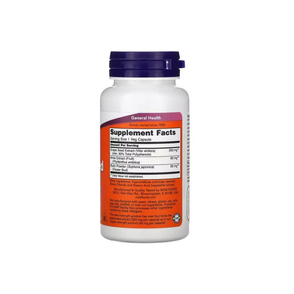 Трави Now Foods Екстракт виноградних кісточок, 250 мг, Extra Strength Grape Seed, 90 (NOW-03274)