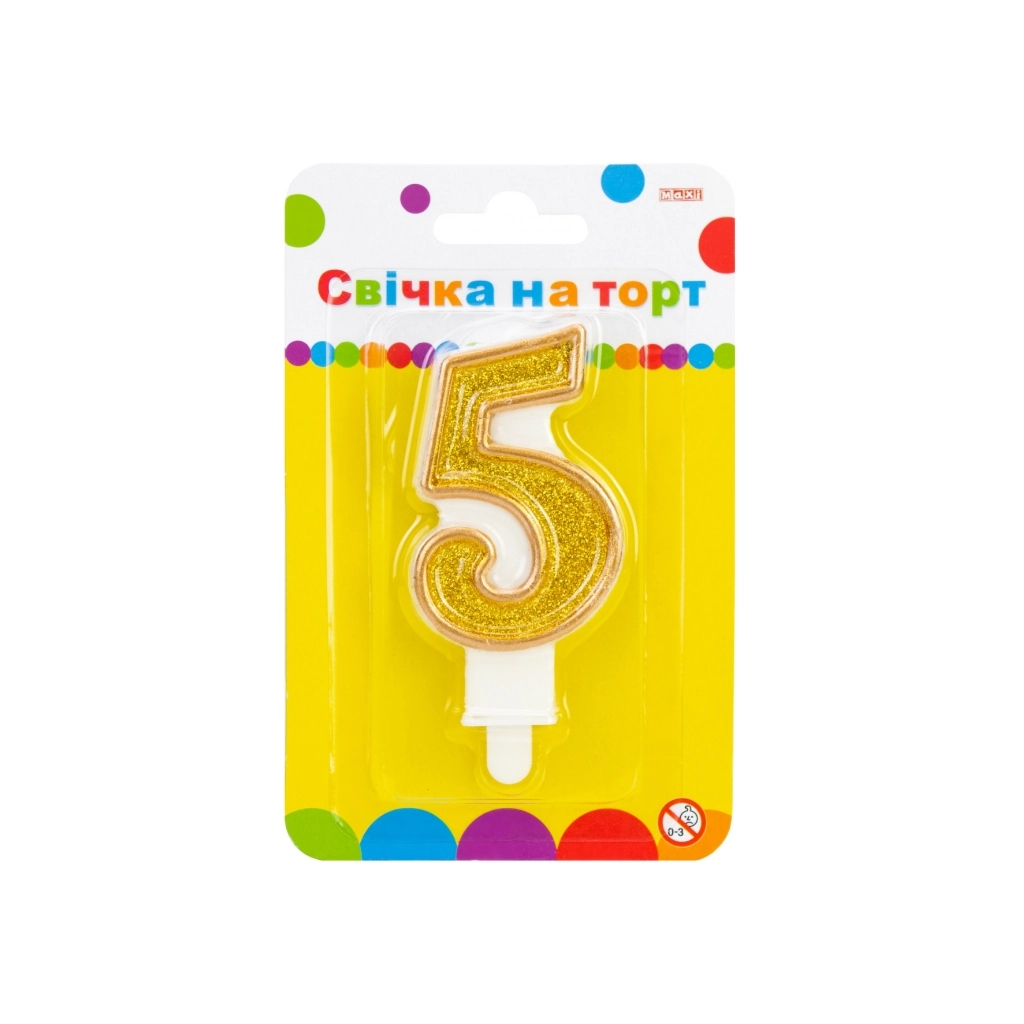 Свічка Maxi золотиста двостороння з блискітками "5", 7,62 см, на торт (MX622083-5)