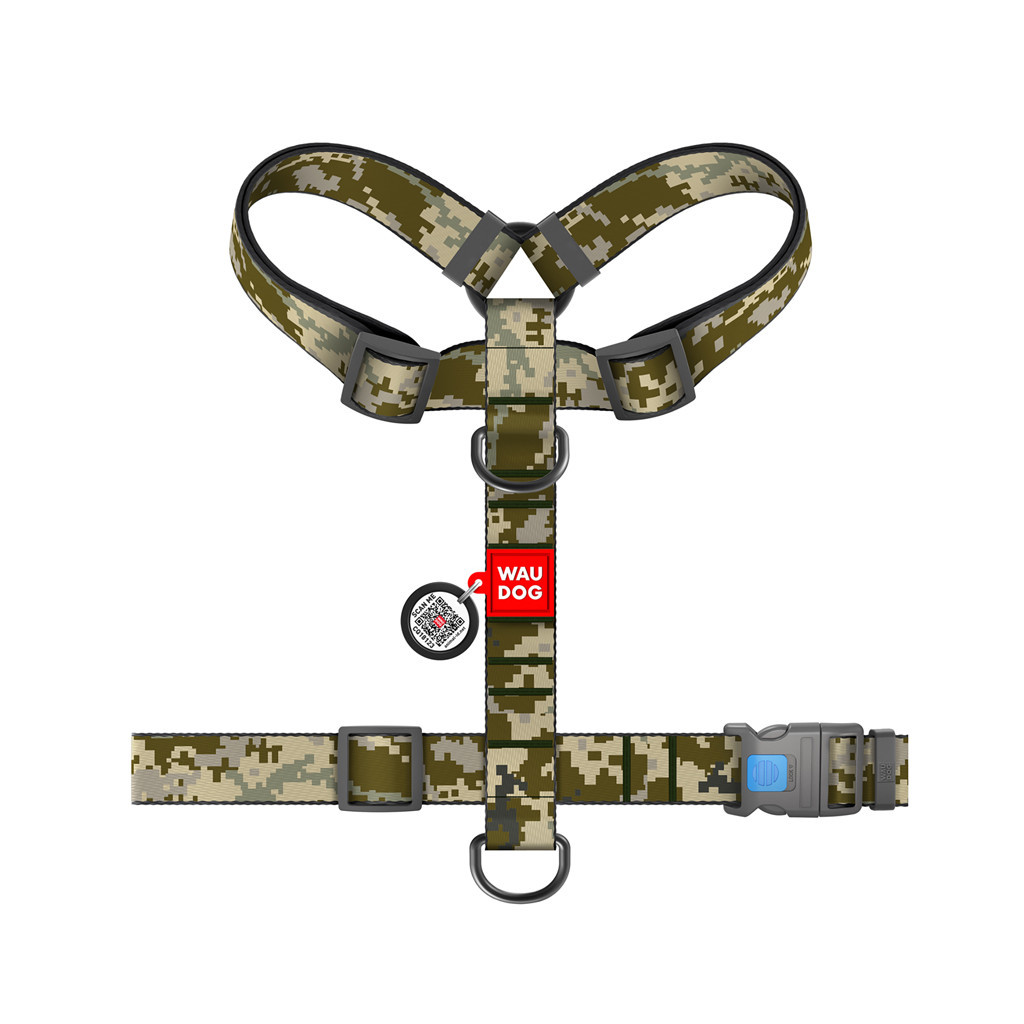 Шлея для собак WAUDOG Nylon анатомічна H-подібна з QR-паспортом "Мілітарі" пластиковий фастекс XL (323-4026)