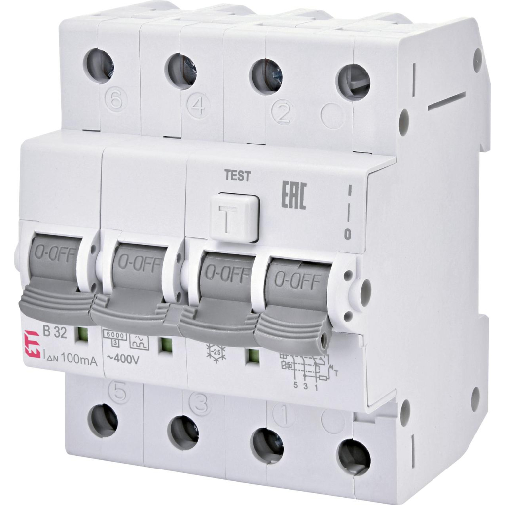 Диференціальний автоматичний вимикач ETI KZS-4M 3p+N C 20/0,03 тип AC (6kA)