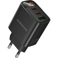 Зарядний пристрій BOROFONE BA98A 2xUSB-C PD30W + 1xUSB 18W digital display black (6941991120510)