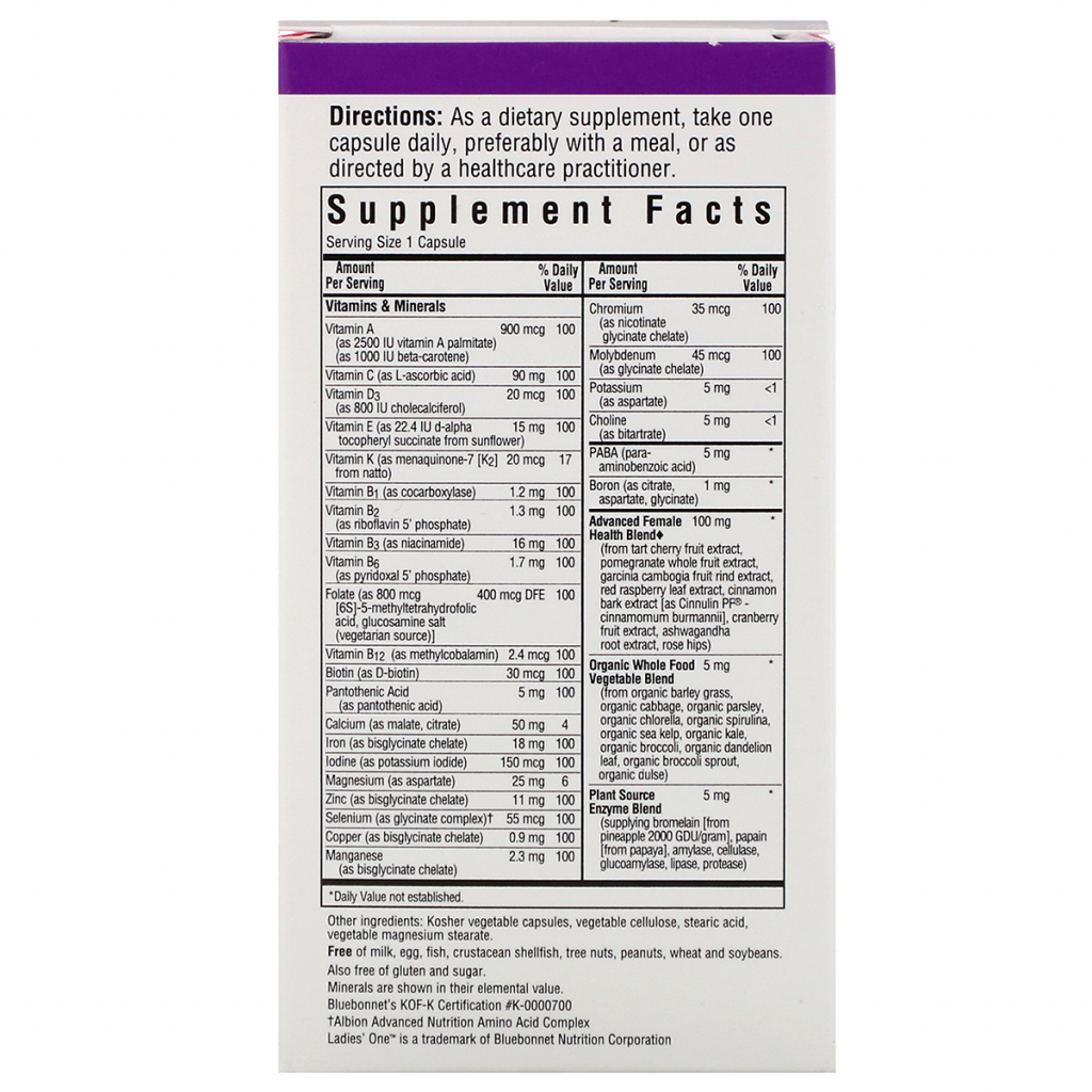 Мультивітамін Bluebonnet Nutrition Жіночі Мультівітаміни, Ladies 'One, 30 рослинних капсул (BLB0132)