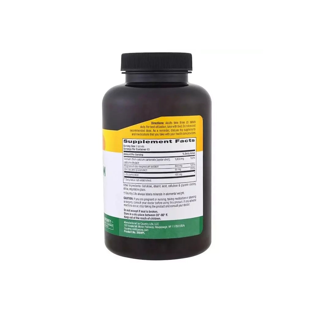 Мінерали Country Life Кальцій, Магній і Цинк з L-глютамін, Calcium Magnesium Zync, (CLF-02604)