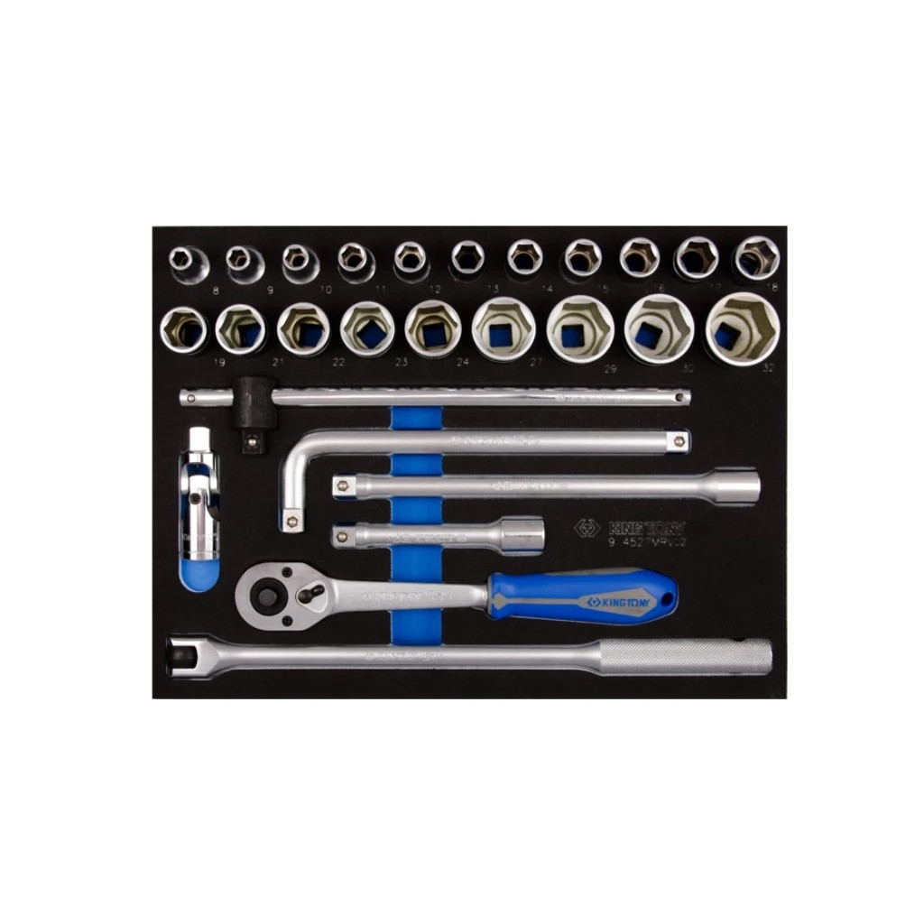 Набір інструментів KING TONY торцевих головок 1/2" з принаддям в ложементі, 27 шт. (9-4527MRV02) Набір інструментів KING TONY торцевих головок 1/2" з принаддям в ложементі, 27 шт. (9-4527MRV02)
