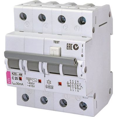 Диференціальний автоматичний вимикач ETI KZS-4M 3p+N C 25/0,03 тип AC (6kA)