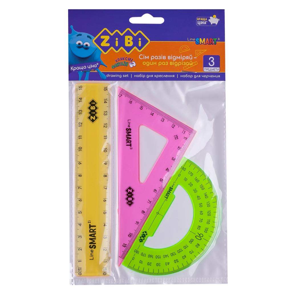 Лінійка ZiBi Комплект: лінійка 15 см, косинець, транспортир, неонового кольору, прозорі (ZB.5686) Лінійка ZiBi Комплект: лінійка 15 см, косинець, транспортир, неонового кольору, прозорі (ZB.5686)