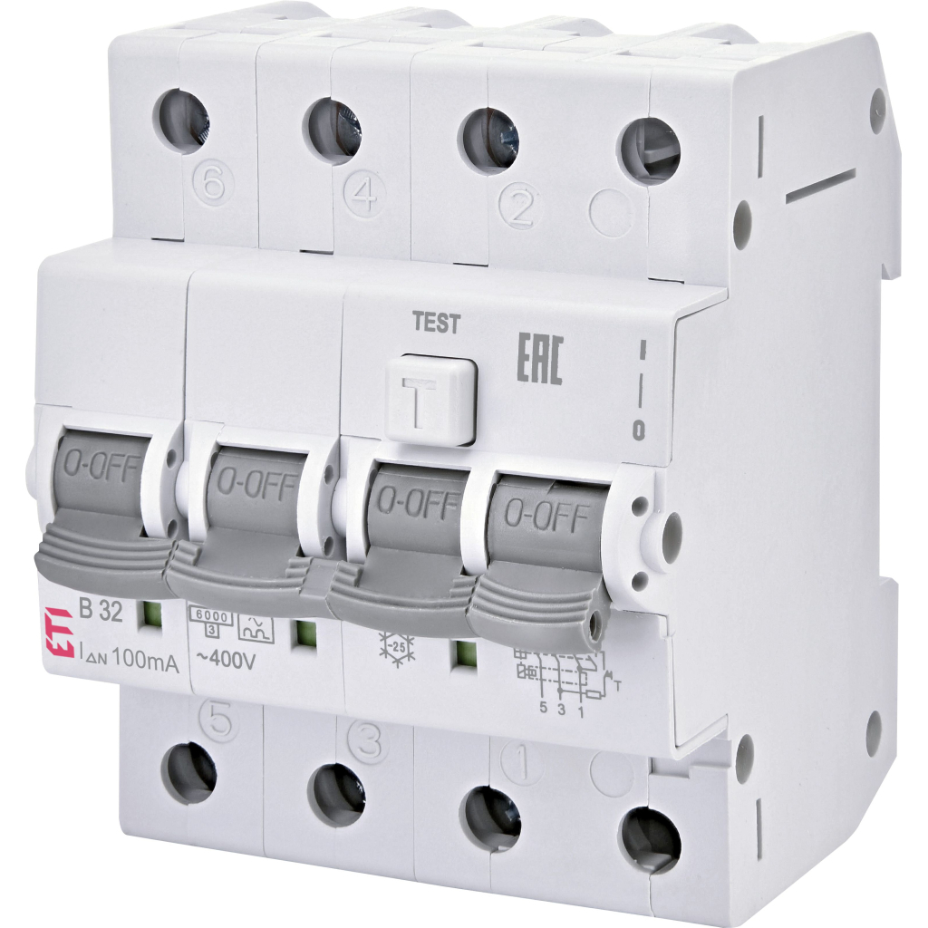 Диференціальний автоматичний вимикач ETI KZS-4M 3p+N C 32/0,03 тип AC (6kA)