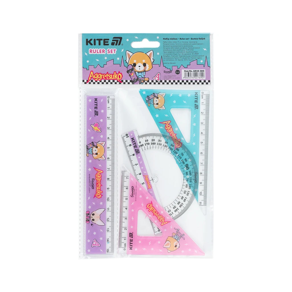 Лінійка Kite набір: лінійка 15 см, 2 косинця, транспортир Aggretsuko (AR25-282) Лінійка Kite набір: лінійка 15 см, 2 косинця, транспортир Aggretsuko (AR25-282)
