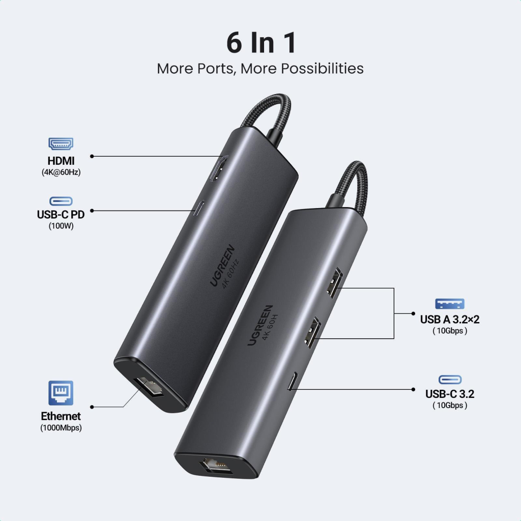 Концентратор UGREEN USB-C to HDMI + 2xUSB 3.2 + USB-C 3.2 + RJ45 + PD CM512 gray (45000) Концентратор UGREEN USB-C to HDMI + 2xUSB 3.2 + USB-C 3.2 + RJ45 + PD CM512 gray (45000)