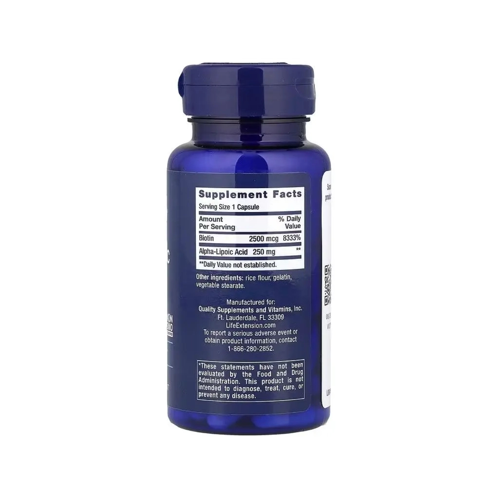 Вітамінно-мінеральний комплекс Life Extension Альфа-ліпоєва кислота з біотином, 250 мг, Alpha-Lipoic Acid with Bio (LEX-45706)