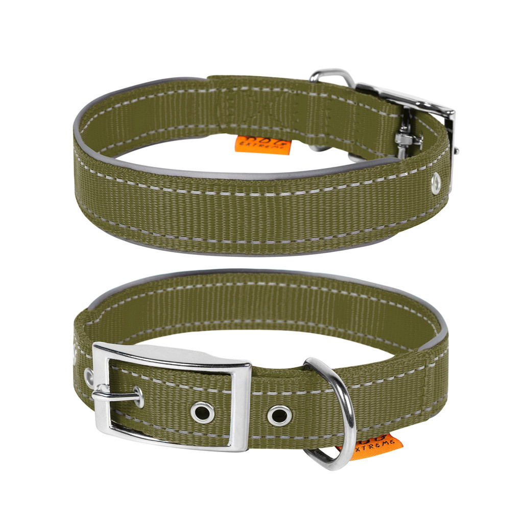 Нашийник для тварин Dog Extreme подвійний зі світловідбиваючою вставкою Ш 20 мм Д 30-40 см хакі (670331)