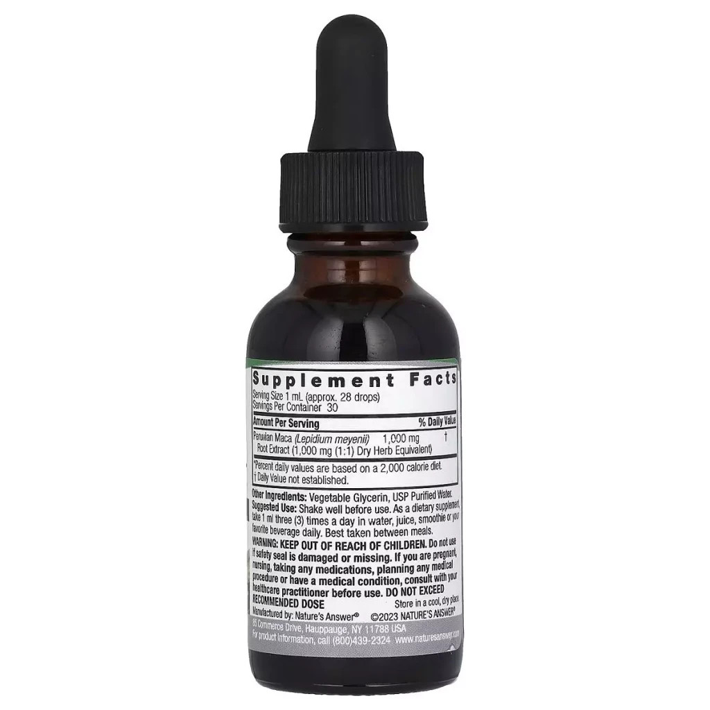 Трави Nature's Answer Мака, 1000 мг, без спирту, Maca Root, Alcohol-Free, 30 мл (NTA-09552)