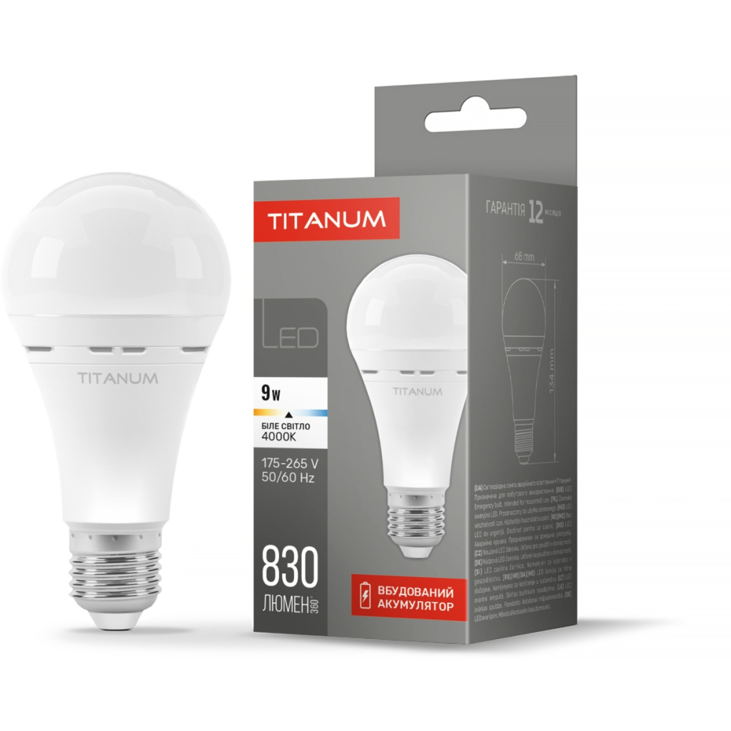 Лампочка TITANUM A68 9W E27 4000K 220V (TL-EMA68-09274)