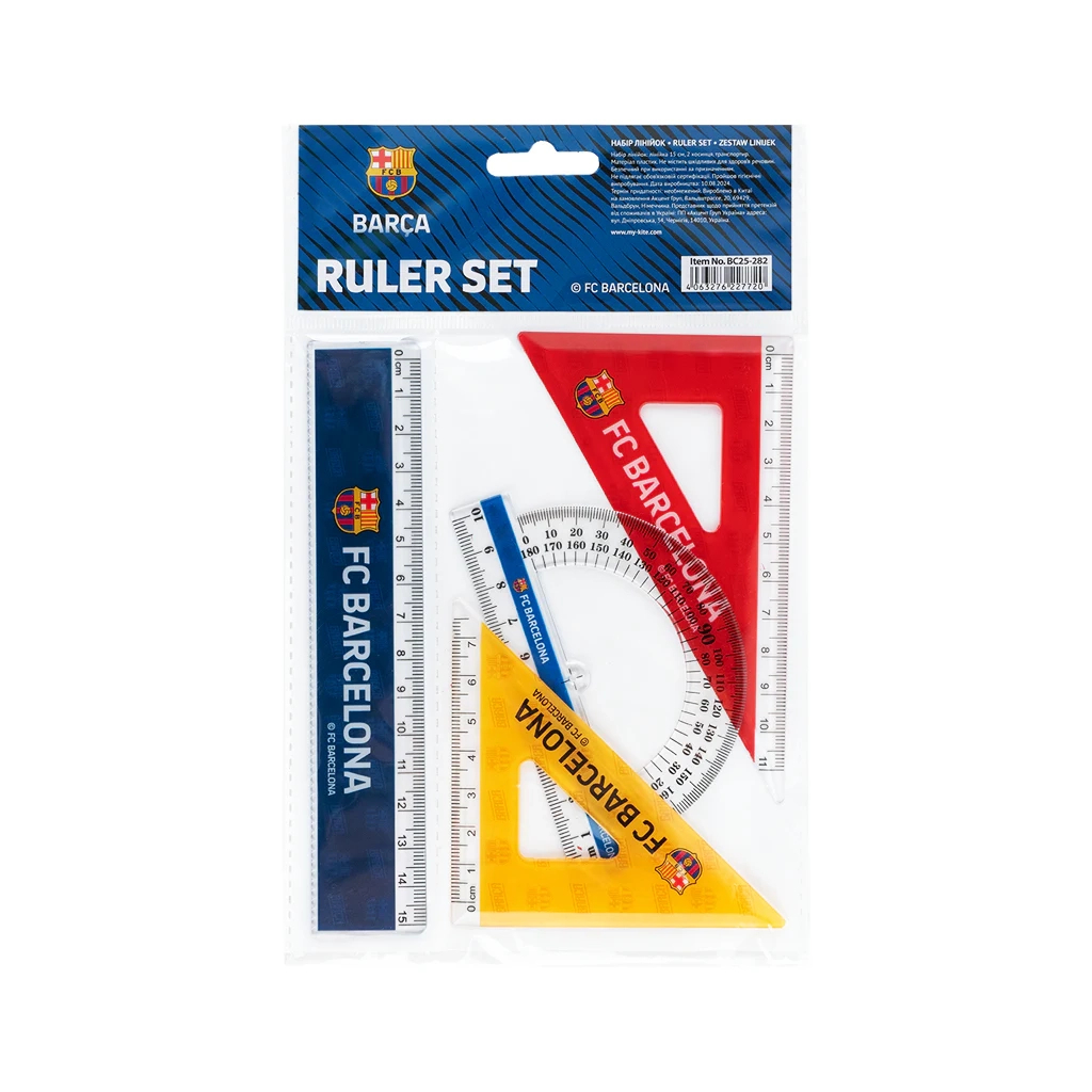 Лінійка Kite набір: лінійка 15 см, 2 косинця, транспортир FC Barcelona (BC25-282) Лінійка Kite набір: лінійка 15 см, 2 косинця, транспортир FC Barcelona (BC25-282)