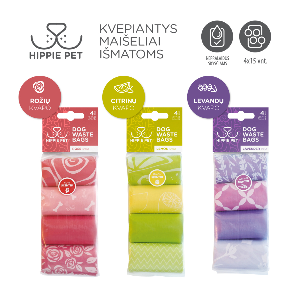 Пакети для собак Hippie Pet з ароматом троянди 4х15 шт (MPHIP63485)