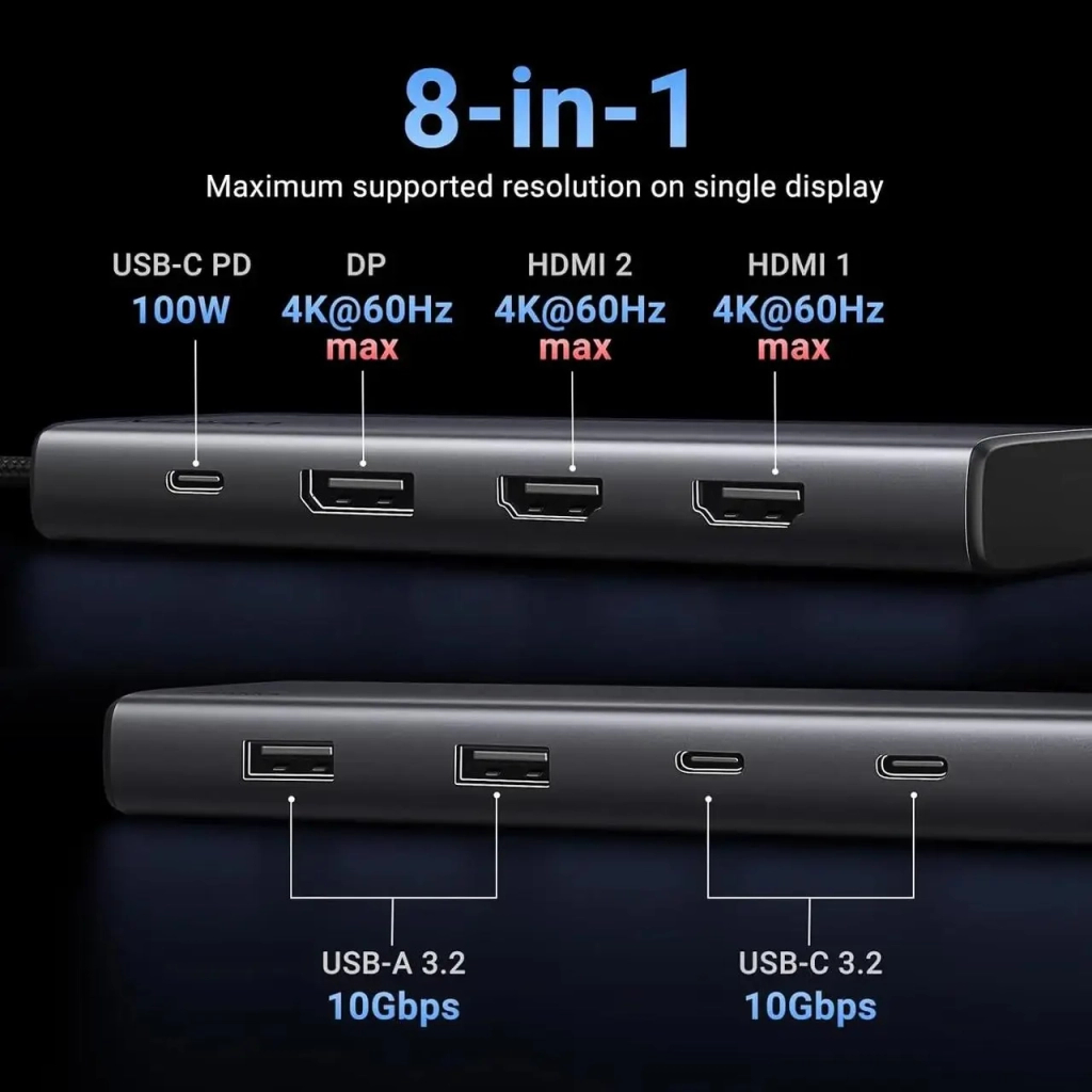 Концентратор Ugreen USB-C to 2xUSB 3.2 + 2xUSB-C 3.2 + 2xHDMI + DP 4K60Hz + PD 100W CM639 gray (35625) Концентратор Ugreen USB-C to 2xUSB 3.2 + 2xUSB-C 3.2 + 2xHDMI + DP 4K60Hz + PD 100W CM639 gray (35625)