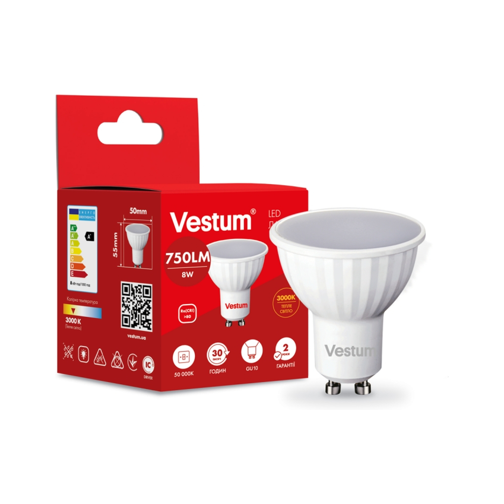 Лампочка Vestum MR16 8W 3000K 220V GU10 (1-VS-1507) Лампочка Vestum MR16 8W 3000K 220V GU10 (1-VS-1507)
