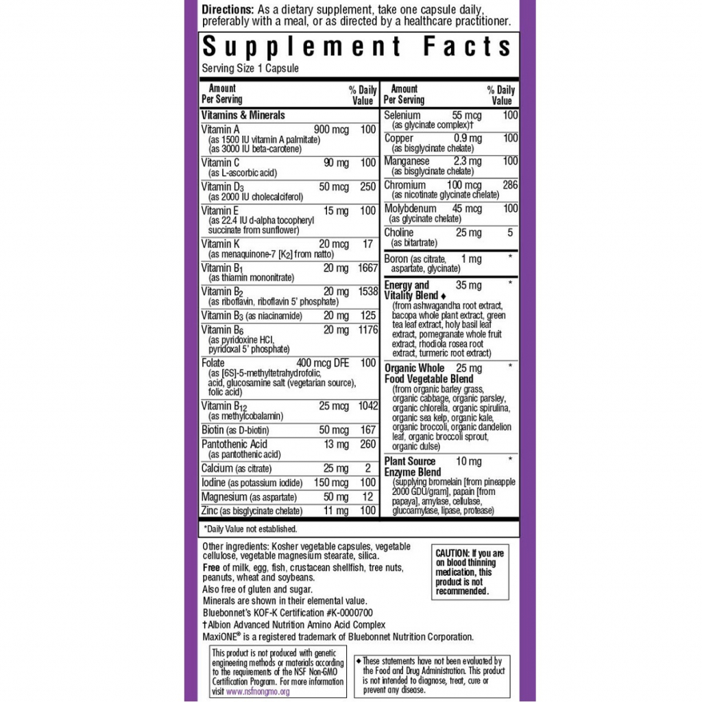 Мультивітамін Bluebonnet Nutrition Мультивітаміни без заліза, MAXI ONE Iron Free, 30 вегетаріан (BLB0133)