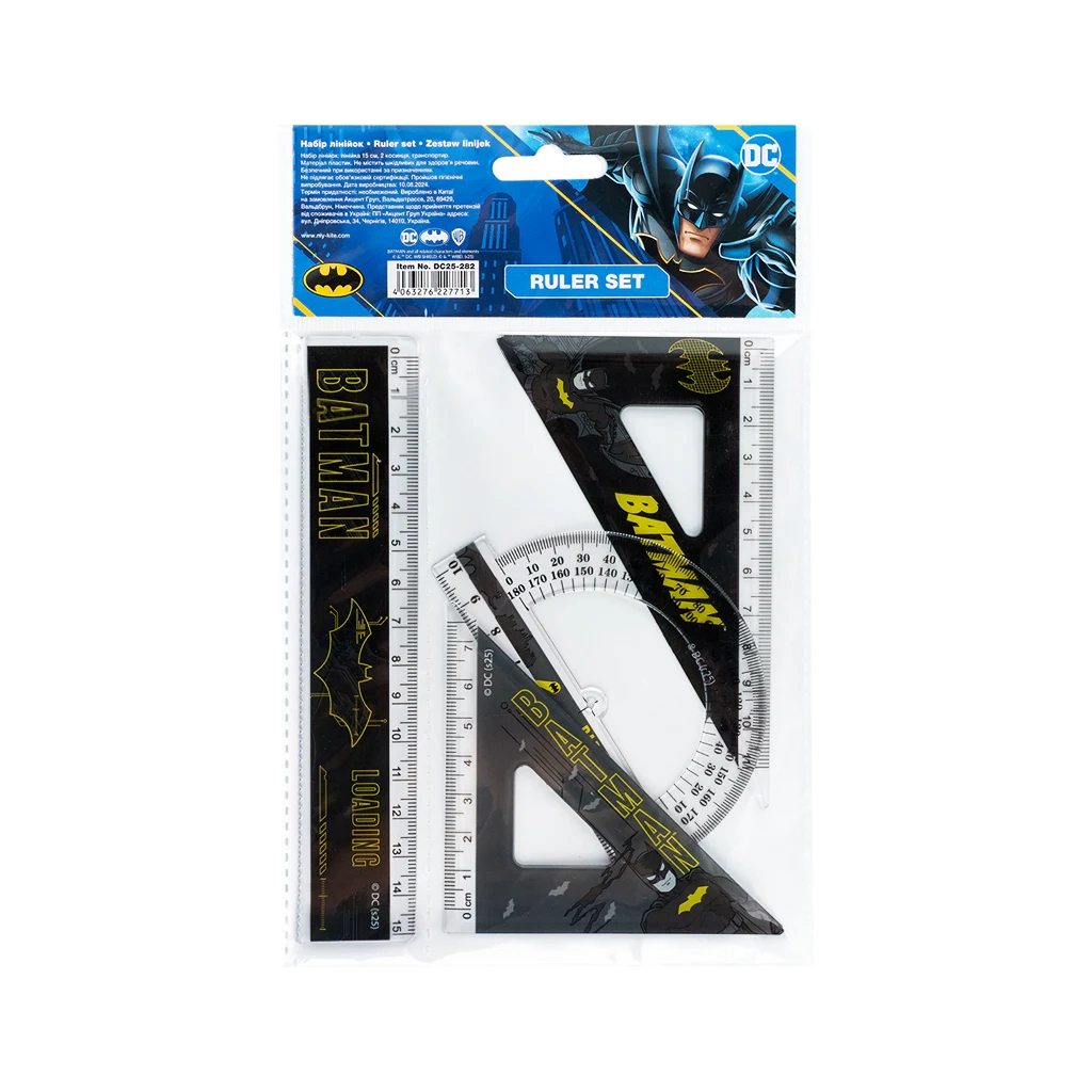 Лінійка Kite набір: лінійка 15 см, 2 косинця, транспортир DC Comics (DC25-282) Лінійка Kite набір: лінійка 15 см, 2 косинця, транспортир DC Comics (DC25-282)