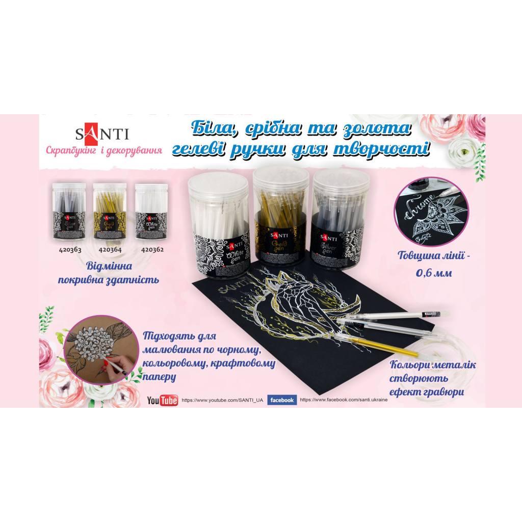 Ручка гелева Santi 0,6 мм біла (420362)