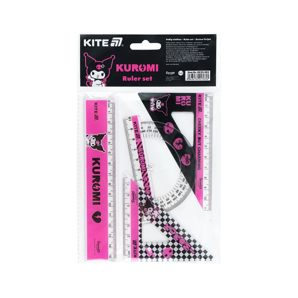 Лінійка Kite набір: лінійка 15 см, 2 косинця, транспортир Kuromi (HK25-282) Лінійка Kite набір: лінійка 15 см, 2 косинця, транспортир Kuromi (HK25-282)