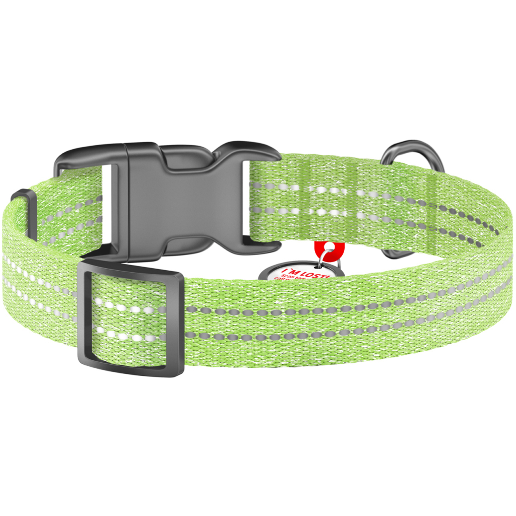 Нашийник для тварин WAUDOG Re-cotton з QR паспортом світловідбивний Ш 25 мм Д 33-49 см салатовий (02925)