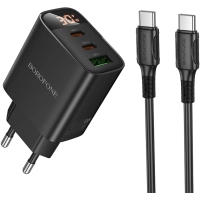 Зарядний пристрій BOROFONE BA98A Ilustre 2xUSB-C + 1xUSB-A PD30W digital display + cable USB-C to USB-C Black (6941991120534)