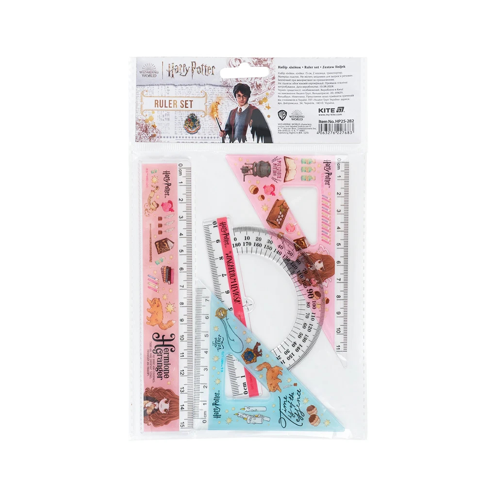 Лінійка Kite набір: лінійка 15 см, 2 косинця, транспортир Harry Potter (HP25-282) Лінійка Kite набір: лінійка 15 см, 2 косинця, транспортир Harry Potter (HP25-282)