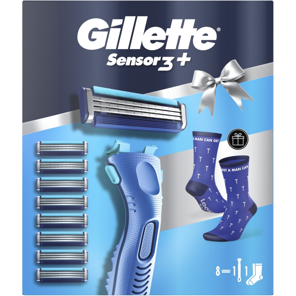 Набір косметики Gillette Станок для гоління чоловічий Sensor3 + Comfort з 8 змінними картриджами + Шкарпетки (8006530050715)