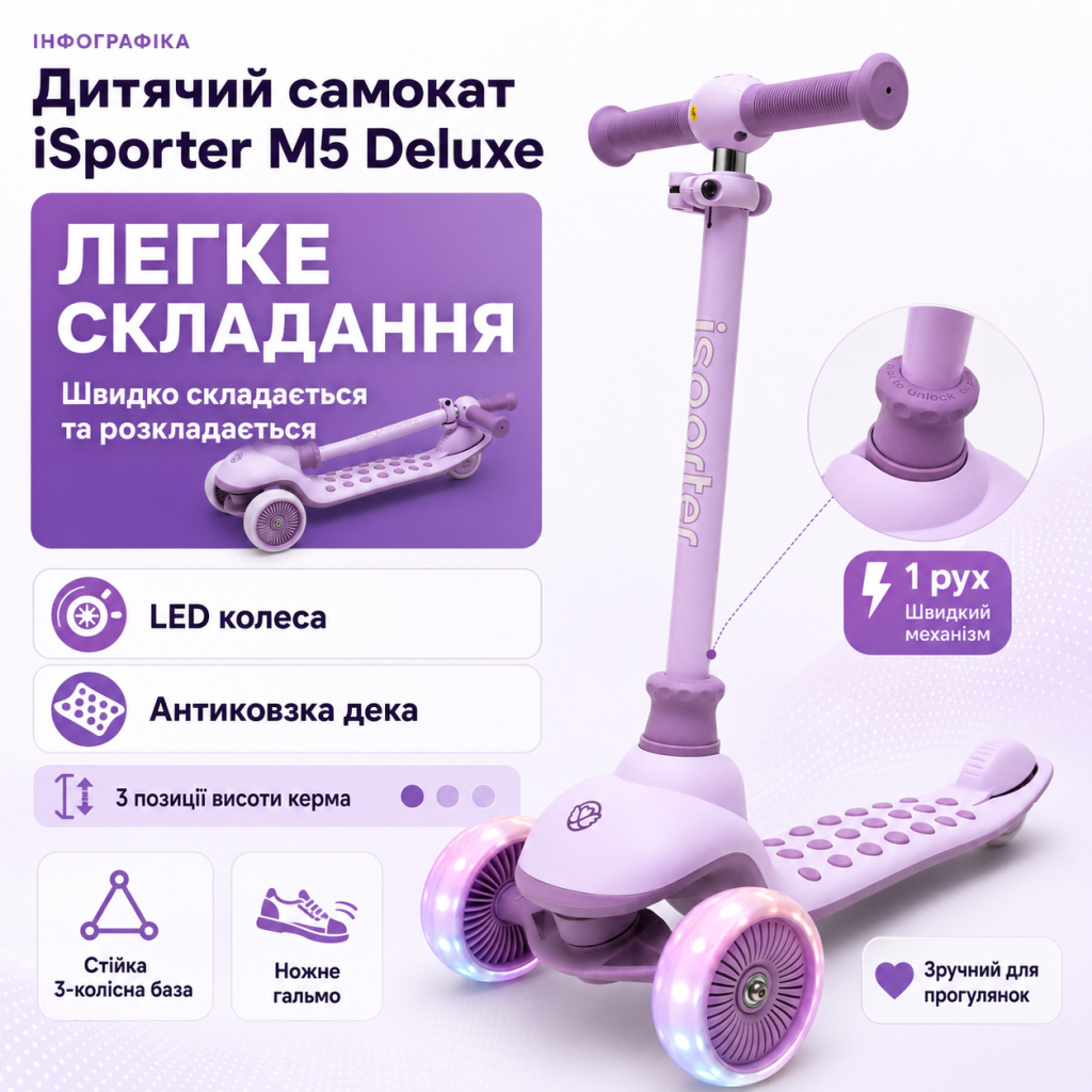 Самокат iSporter Deluxe LED пурпурний (M5_Purple) Самокат iSporter Deluxe LED пурпурний (M5_Purple)
