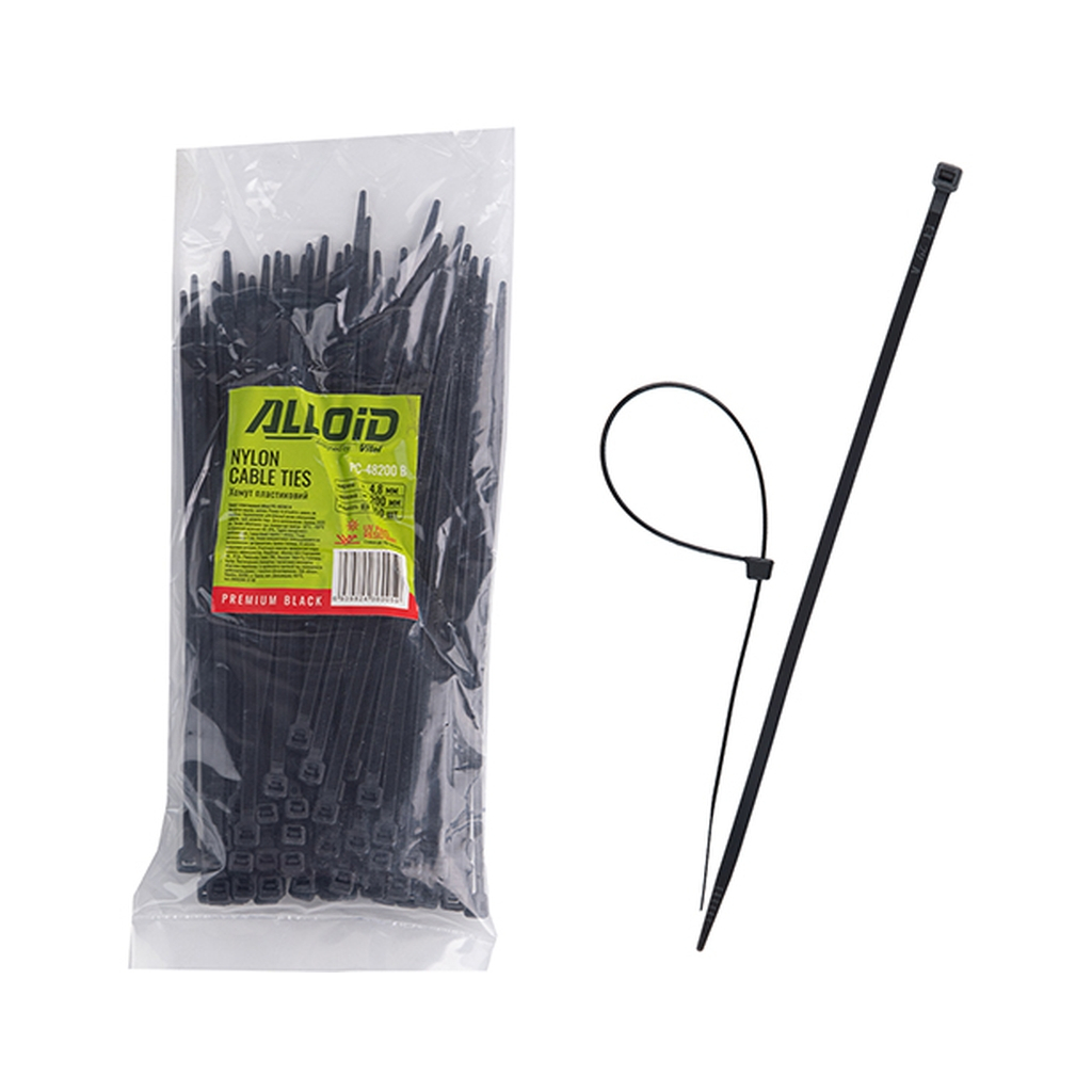 Стяжка Alloid 4.8х200мм, пластик, 100шт./уп., чорний (PC-48200B) Стяжка Alloid 4.8х200мм, пластик, 100шт./уп., чорний (PC-48200B)