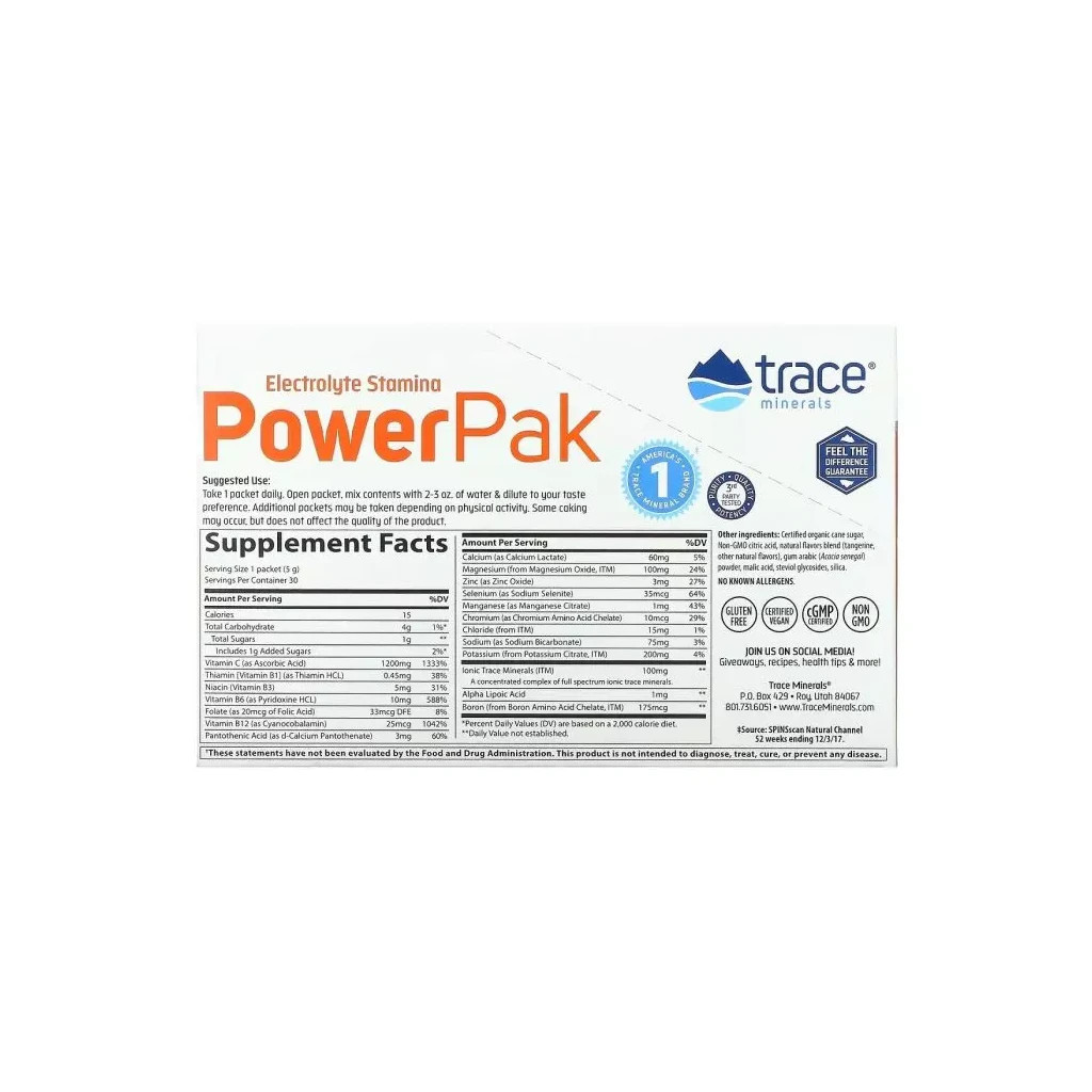 Вітамінно-мінеральний комплекс Trace Minerals Електроліти, смак мандарину, Electrolyte Stamina PowerPak, 30 пакето (TMR-00349)