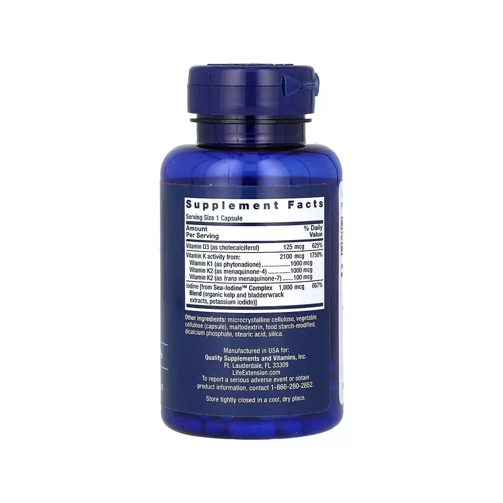 Вітамін Life Extension Вітамін D і K з морським йодом, Vitamins D and K with Sea-Iodine, 60 капсу (LEX-20406)