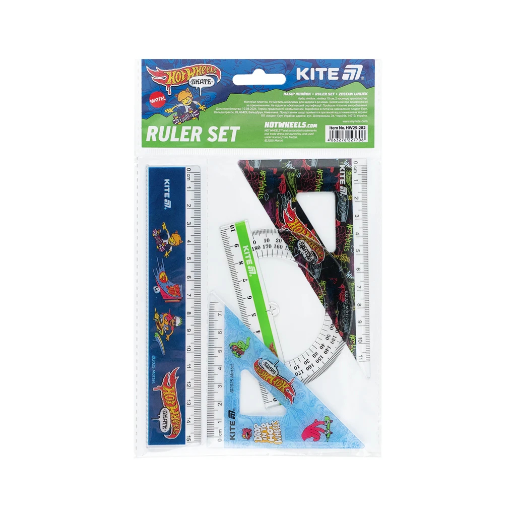 Лінійка Kite набір: лінійка 15 см, 2 косинця, транспортир Hot Wheels (HW25-282) Лінійка Kite набір: лінійка 15 см, 2 косинця, транспортир Hot Wheels (HW25-282)