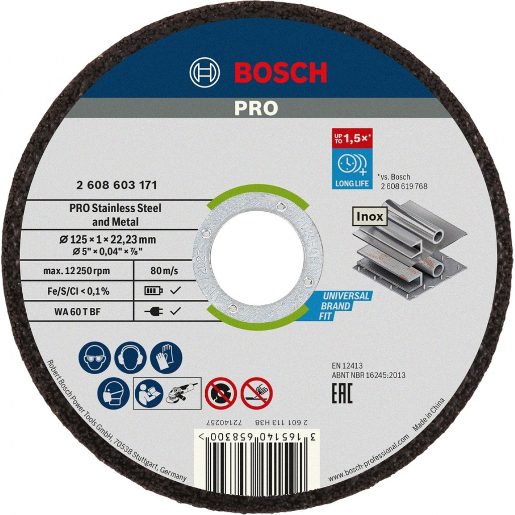 Круг відрізний Bosch Professional, для нержавіючої сталі та металу, 125×1×22.23 mm (2.608.603.171) Круг відрізний Bosch Professional, для нержавіючої сталі та металу, 125×1×22.23 mm (2.608.603.171)