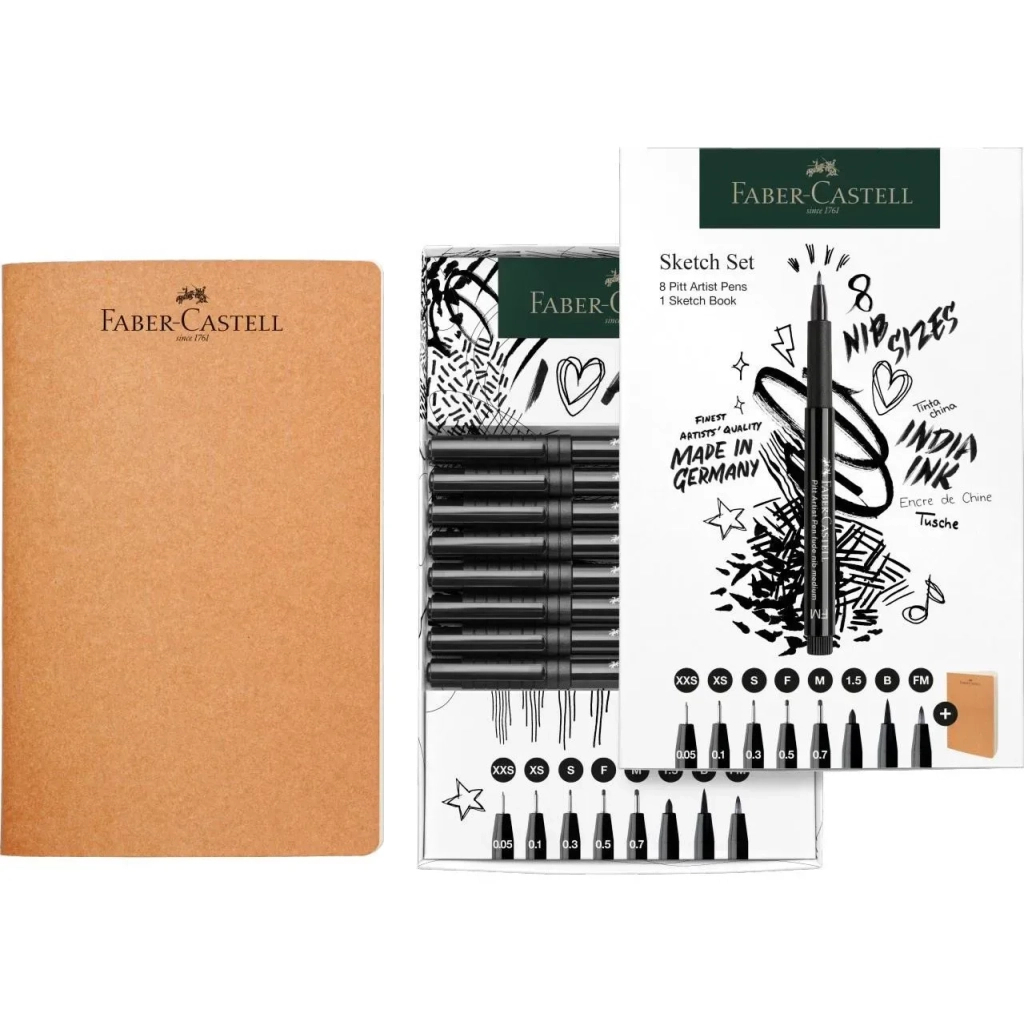 Лайнер Faber-Castell набір ручок капілярних та блокнот Sketch Set колір чорний (XXS, XS, S, F, M, 1,5, B, FM) (32468)