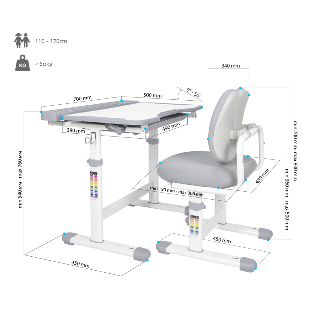 Парта зі стільцем FunDesk Vivo Grey (221892)