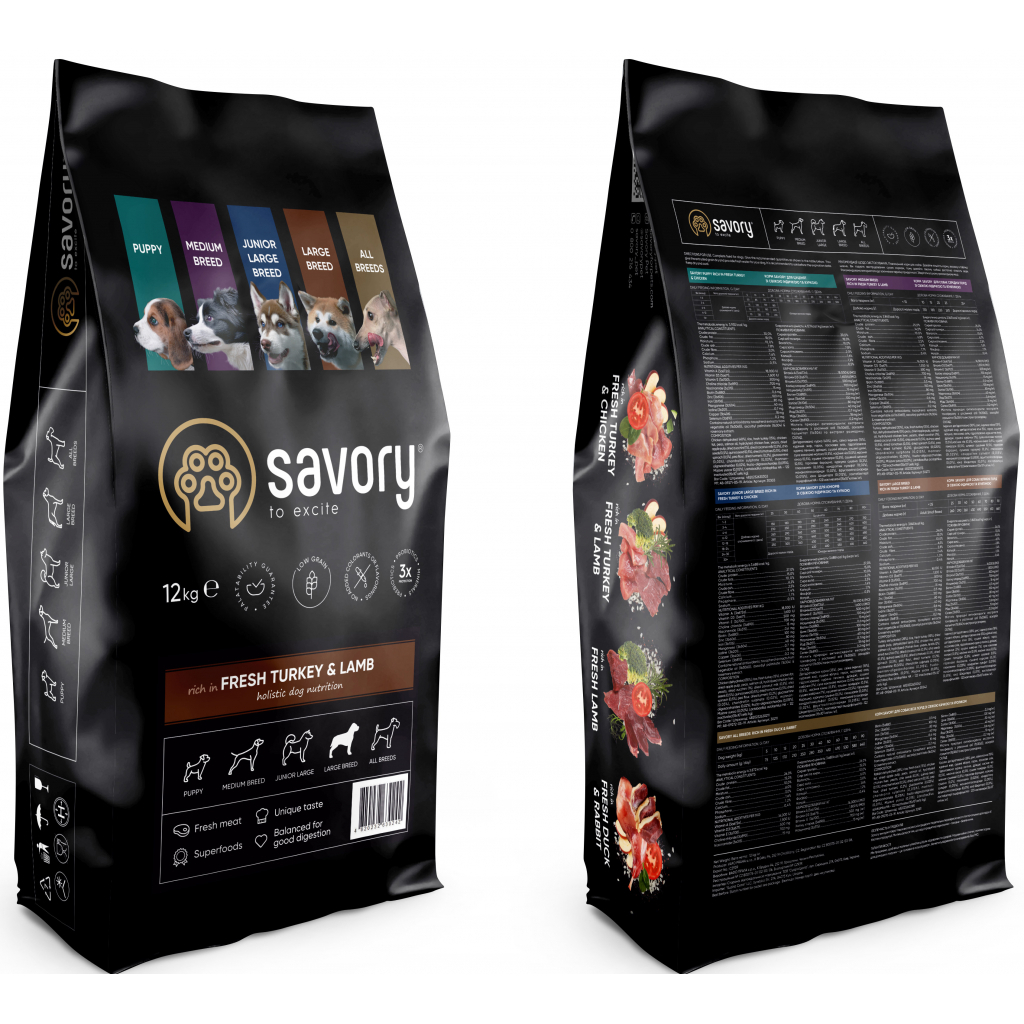 Сухий корм для собак Savory Medium Breed rich in Fresh Turkey and Lamb 12 кг (4820232630273)