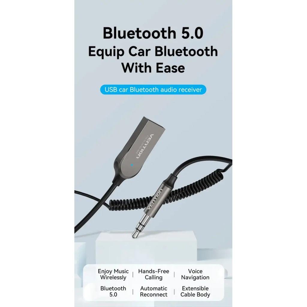 FM модулятор Vention AUX TRS 3.5мм USB Bluetooth 5.0 Coiled Cable 1.5M Gray Zinc (NAGHG)