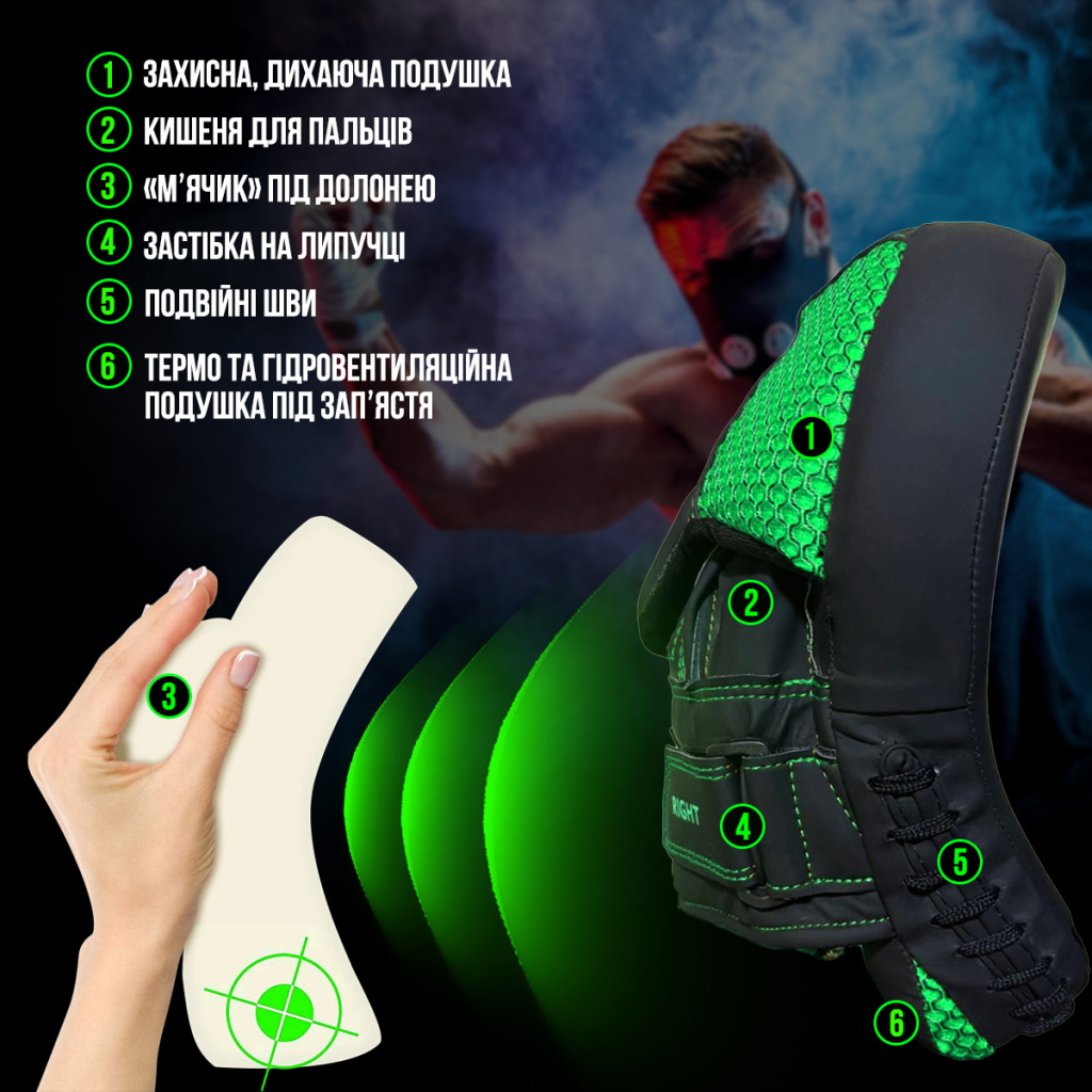 Лапи боксерські PowerPlay 3044 Pro Carbon Ultra Series Чорно-Зелені (PP_3044_Bl/Green)