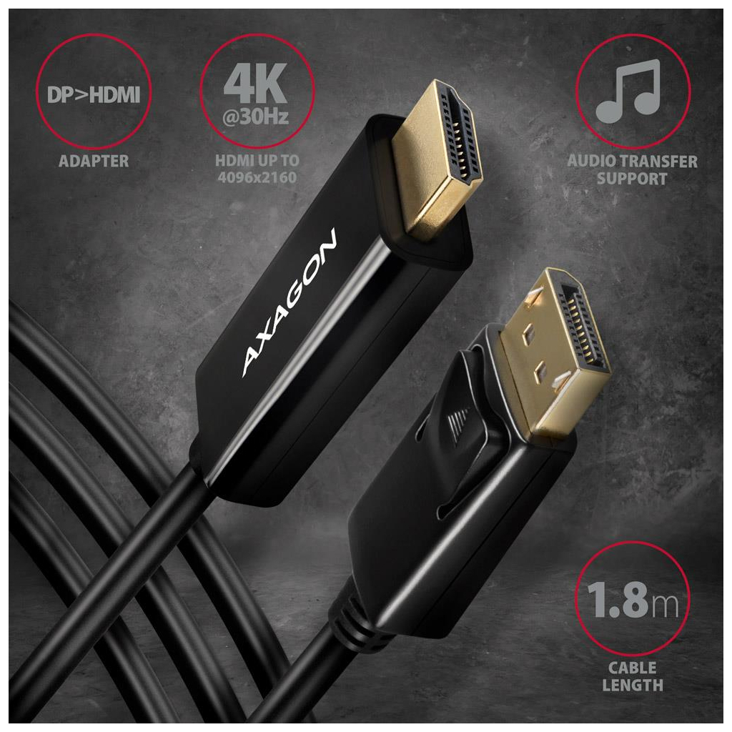 Кабель мультимедійний DisplayPort M to HDMI M 1.8m 4K30Hz black AXAGON (RVD-HI14C2) Кабель мультимедійний DisplayPort M to HDMI M 1.8m 4K30Hz black AXAGON (RVD-HI14C2)