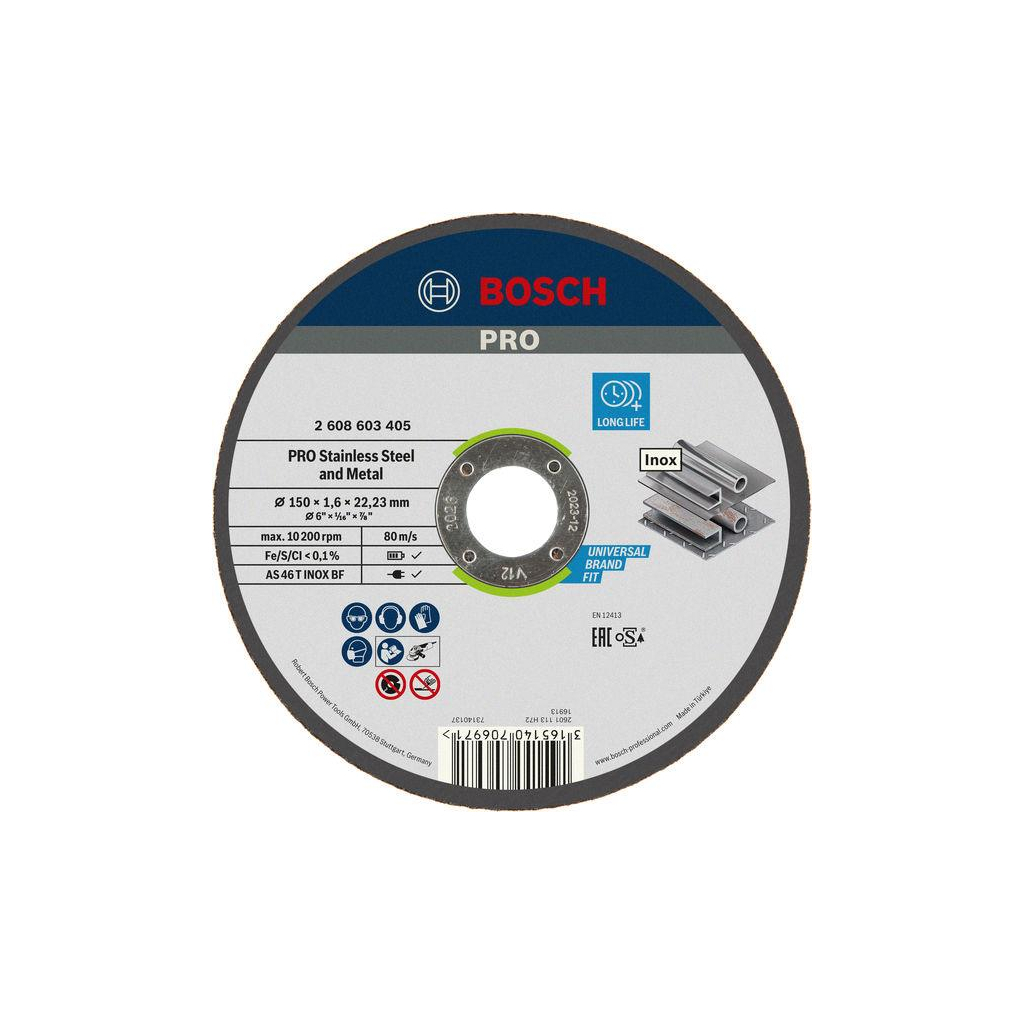 Круг відрізний Bosch Professional, для нержавіючої сталі та металу, 150×1.6×22.23 mm (2.608.603.405) Круг відрізний Bosch Professional, для нержавіючої сталі та металу, 150×1.6×22.23 mm (2.608.603.405)