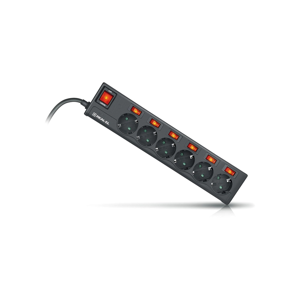 Мережевий фільтр живлення REAL-EL RS-6 EXTRA 1.8m, black (EL122300001)