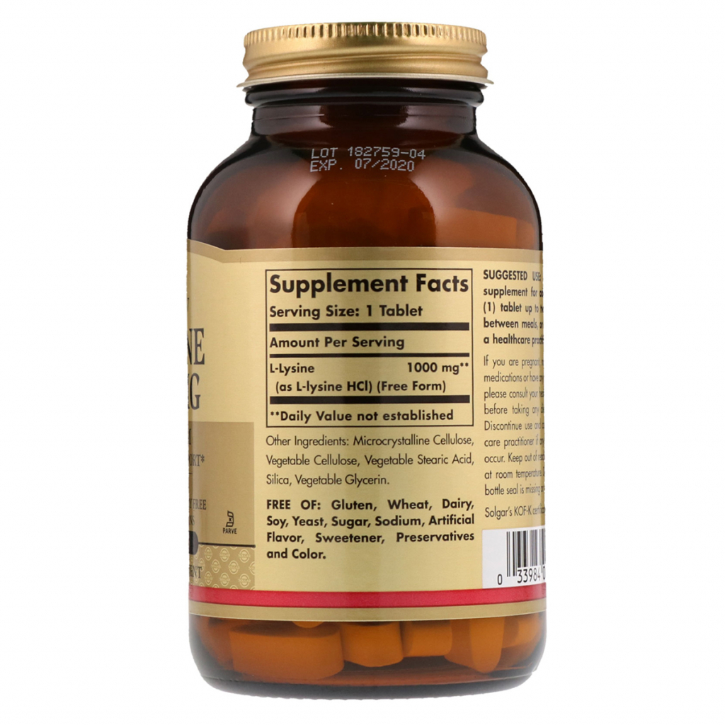 Амінокислота Solgar Лізин 1000 мг, L-Lysine, 100 таблеток (SOL-01701)