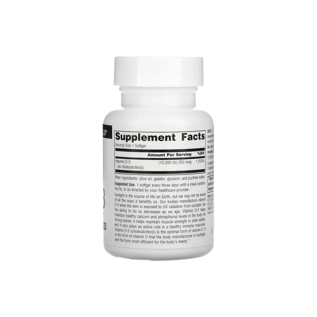 Вітамін Source Naturals Вітамін D-3, 10000 МО, Vitamin D-3, 60 гелевих капсул (SN2791)