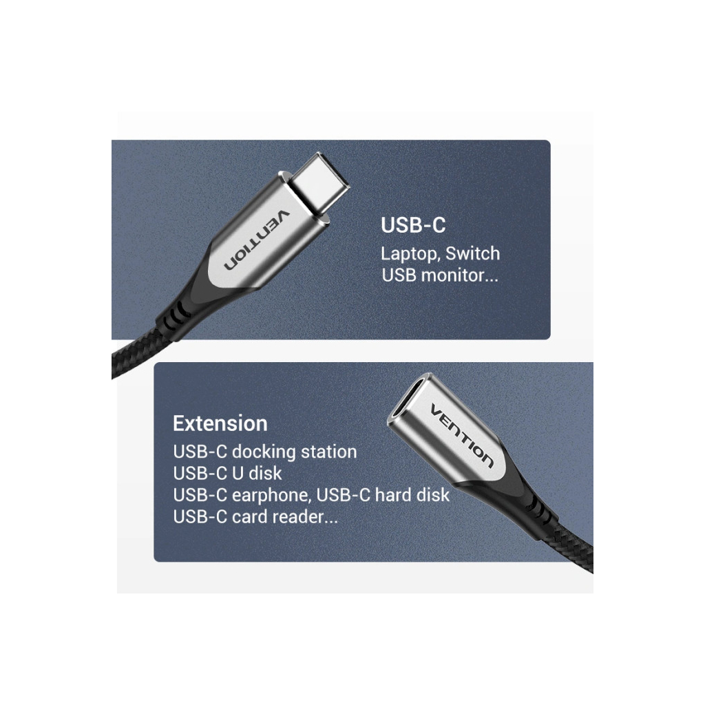Дата кабель USB-C M/F 1.0m Thunderbolt 3 60W (20V/3A) 4K60HZ Vention (TABHF)